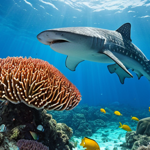 Home 14 **Underwater paradise in Coiba Island:** A vibrant underwater scene in Coiba National Park, showcasing diverse marine life like colorful fish schools, coral reefs, and a majestic whale shark gliding through crystal-clear waters. Emphasize the biodiversity and the pristine condition of the ecosystem.