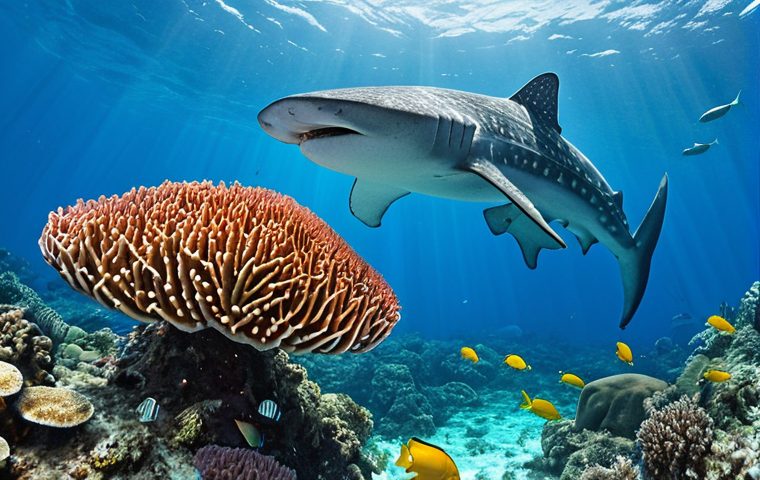 **Underwater paradise in Coiba Island:** A vibrant underwater scene in Coiba National Park, showcasing diverse marine life like colorful fish schools, coral reefs, and a majestic whale shark gliding through crystal-clear waters. Emphasize the biodiversity and the pristine condition of the ecosystem.
