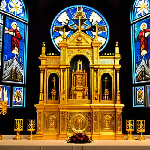 Home 9 The Golden Altar**
"A close-up, detailed view of the golden altar in the Iglesia de San José, Panama City. The altar is brightly lit, showcasing its intricate carvings and shimmering gold leaf. Soft light streams through stained-glass windows, illuminating the details. Focus on the craftsmanship and the sense of awe it inspires. Perfect anatomy, correct proportions, high resolution, professional photography, safe for work, appropriate content, fully clothed (altar figures), professional."
**