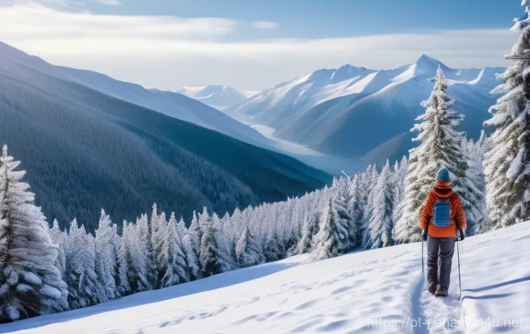 건기와 우기 여행 팁 - **Prompt: Serene Winter Landscape with a Solo Traveler**
"A peaceful, majestic winter mountain s...