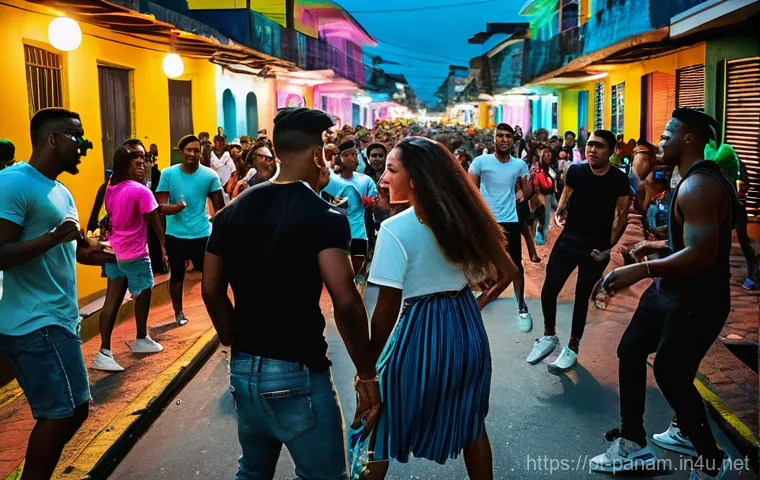 파나마의 대중문화 트렌드 - **Vibrant Panamanian Urban Rhythm Street Party:**
A dynamic, eye-level shot of young adults, a m...
