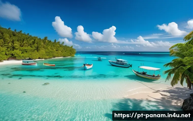 카리브해와 태평양 비교 - A vibrant Caribbean beach scene showcasing crystal-clear turquoise waters gently lapping against fin...