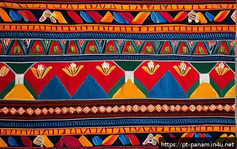 파나마의 전통 의상 - A vibrant and detailed close-up of a traditional Kuna mola textile, showcasing intricate applique te...