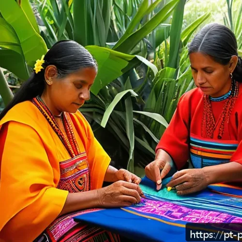 Home 17 쿠나족 전통과 생활방식 - A vibrant and detailed depiction of Kuna women crafting traditional molas, showcasing layers of colo...