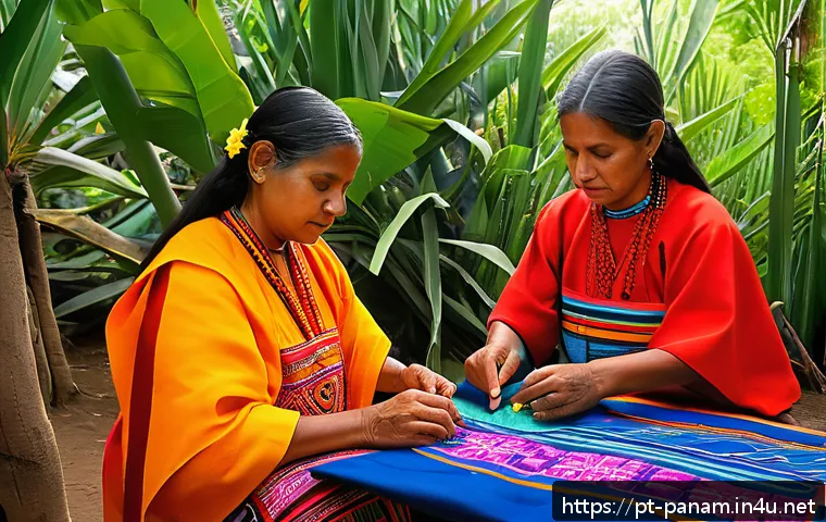 쿠나족 전통과 생활방식 - A vibrant and detailed depiction of Kuna women crafting traditional molas, showcasing layers of colo...